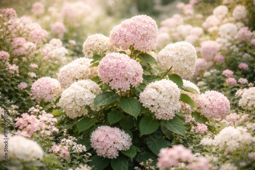 Hydrangea plant amid pale pink and white garden flowers