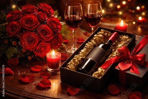 Romantic setup with red roses and wine gift box for Valentine's Day celebration