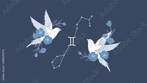 Artistic representation of the Gemini zodiac sign featuring two white birds, blue flowers, and the constellation on a dark background.