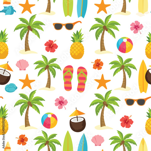 Tropical beach pattern with palm trees, surfboards, pineapples, and flowers