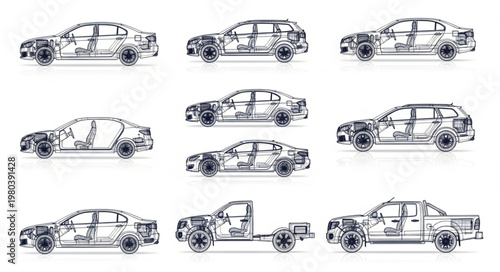 Automotive engineering schematic diagrams of various car models.