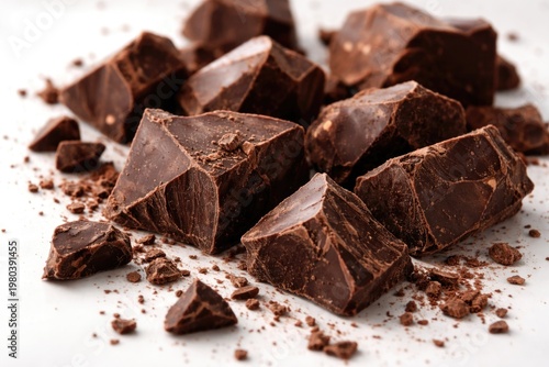 Close up view of chocolate chunks on a clean white background