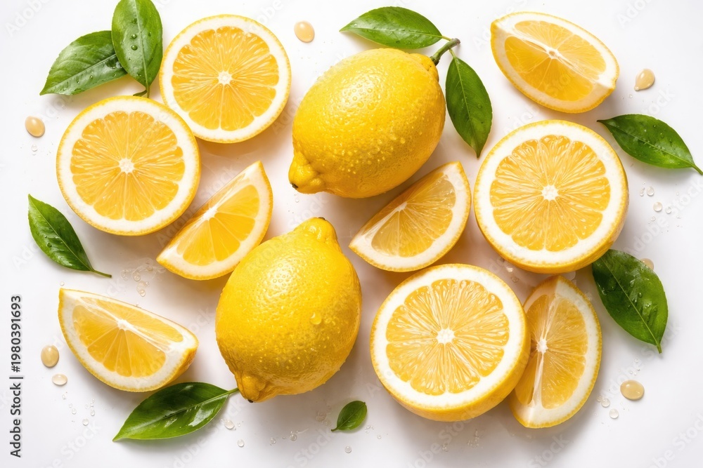 Fototapeta premium Fresh Lemon Slices and Whole Lemons Arranged on White Background