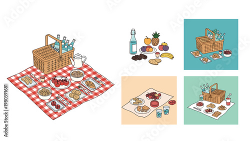 Set of picnic themed illustrations showing baskets filled with food and drinks arranged on checkered and plain blankets on the grass.