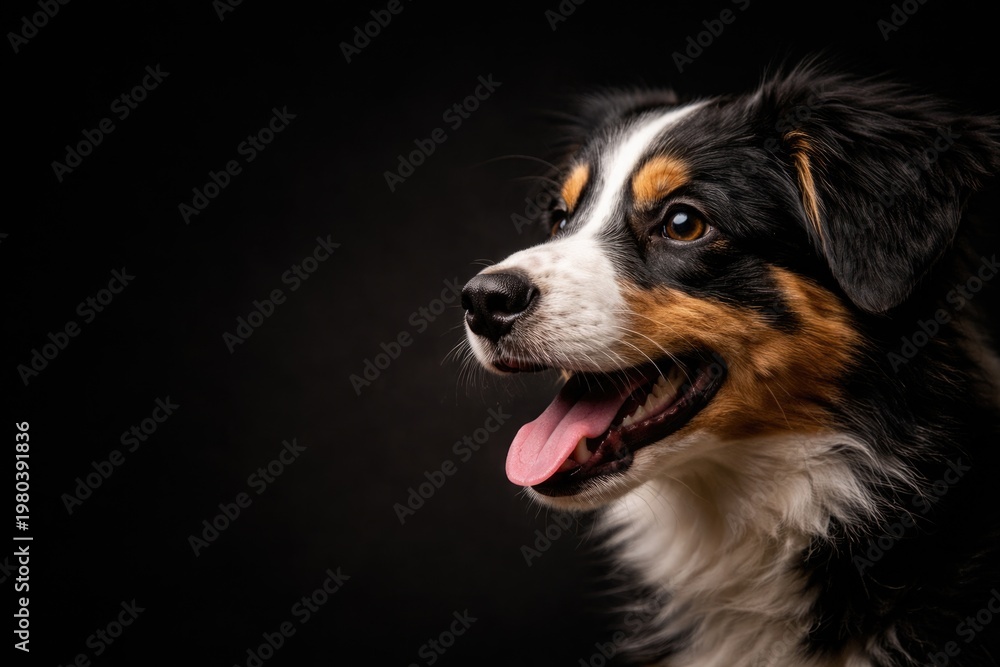 Fototapeta premium Close-up profile of a playful dog face on a dark background with copy space for text usage