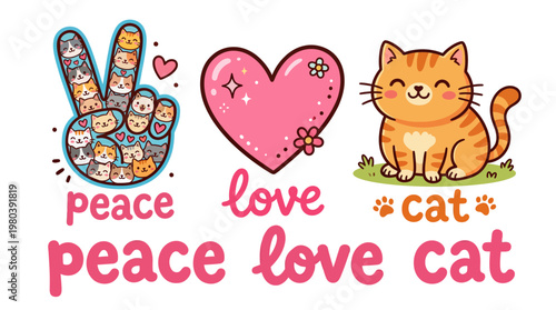 Cute cartoon illustration of a ginger cat, a pink heart, and a peace sign filled with cats, with text "peace love cat" below, perfect for animal lovers and cat enthusiasts
