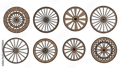 Collection of vintage wooden wagon wheels in various designs and spoke patterns used for historical transportation and farming.