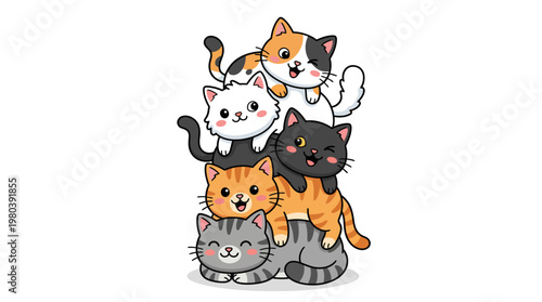 Whimsical illustration of an adorable stack of multi-colored cartoon kittens, playfully balanced to create a charming and heartwarming feline design