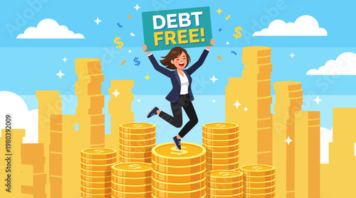 Ecstatic woman celebrates financial freedom and debt-free status, jumping triumphantly on gold coins, symbolizing wealth and prosperity