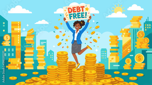 Excited woman celebrating debt-free status surrounded by stacks of coins and city skyline illustration