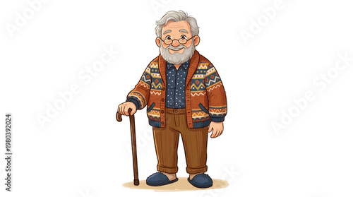 A charming cartoon illustration of a smiling elderly man wearing glasses and a patterned cardigan, holding a walking stick, depicting a cheerful senior citizen