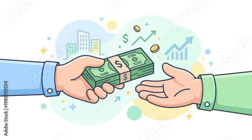 Illustration of hands exchanging money, symbolizing financial transactions, business payments, investment, and economic growth