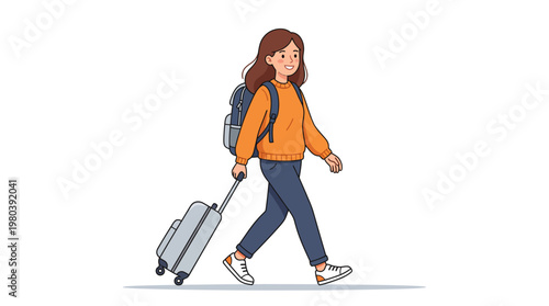 Young woman ready for her next adventure, cheerfully walking with a backpack and suitcase, embarking on a joyful journey
