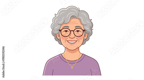 Charming illustration of a cheerful senior woman with grey curly hair and stylish glasses, radiating warmth and happiness