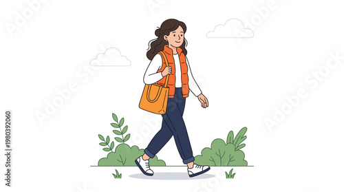 A smiling young woman with brown curly hair and a vest walks with a tote bag in a park with greenery and clouds