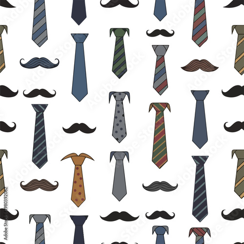 Seamless pattern with various ties and mustaches for a stylish and masculine design.
