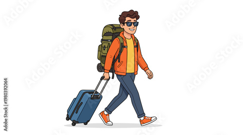 A smiling young man with sunglasses and a backpack walks along with his rolling suitcase during his holiday trip