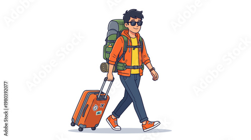 Adventurous male tourist confidently walking with a bulky backpack and an orange suitcase, ready for an exciting journey or vacation