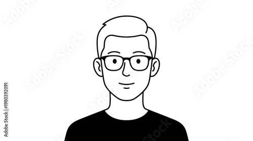 Minimalist black and white line art illustration of a smiling young man with short hair and glasses, representing a friendly avatar or user profile