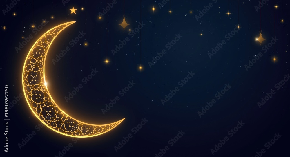 Naklejka premium Ramadan Kareem background showing crescent moon and shining stars with peaceful atmosphere