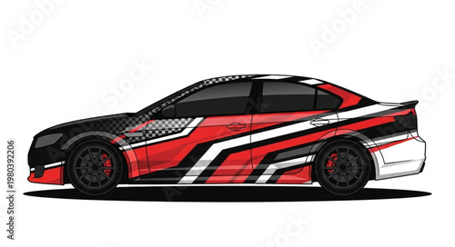 Red and black sports car with racing stripes.