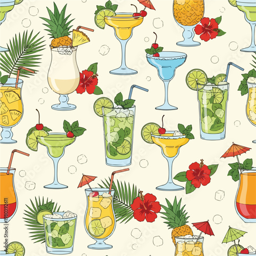 Seamless pattern with various colorful summer cocktails and tropical garnishes.