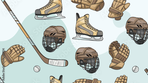 Continuous pattern of ice hockey gear including protective helmets, padded gloves, skates, and sticks on a light blue background.