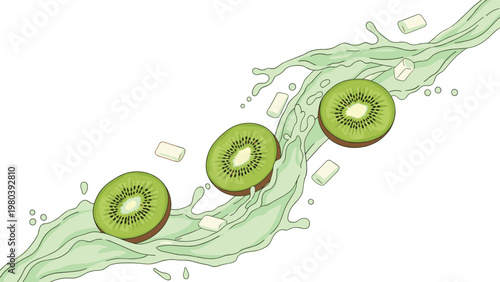 Fresh green kiwi slices splashing through a wave of fruit juice with small marshmallows scattered along the dynamic liquid flow.