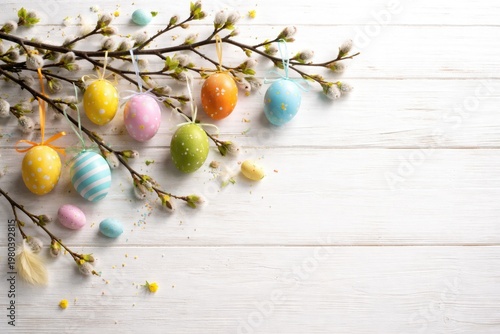 Easter decorated twig with colorful eggs on white wooden surface copy space