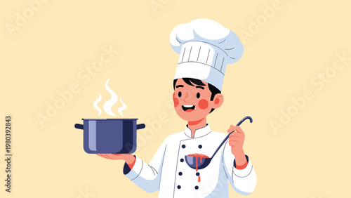 Professional young chef in a white uniform and hat holding a steaming pot and a ladle filled with delicious red tomato soup.