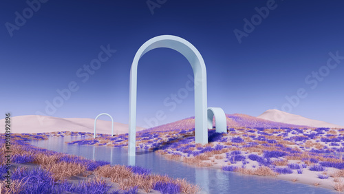 Futuristic 3d illustration featuring geometric arch structures in an alien environment