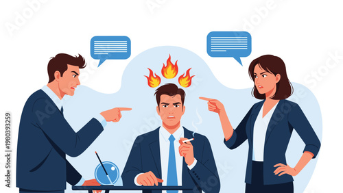 Workplace conflict scene where two angry colleagues point fingers and shout at a stressed man smoking a cigarette at his office desk.