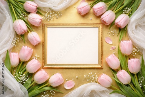 Flat lay pink tulips with delicate white fabric and floral frame on elegant gold background