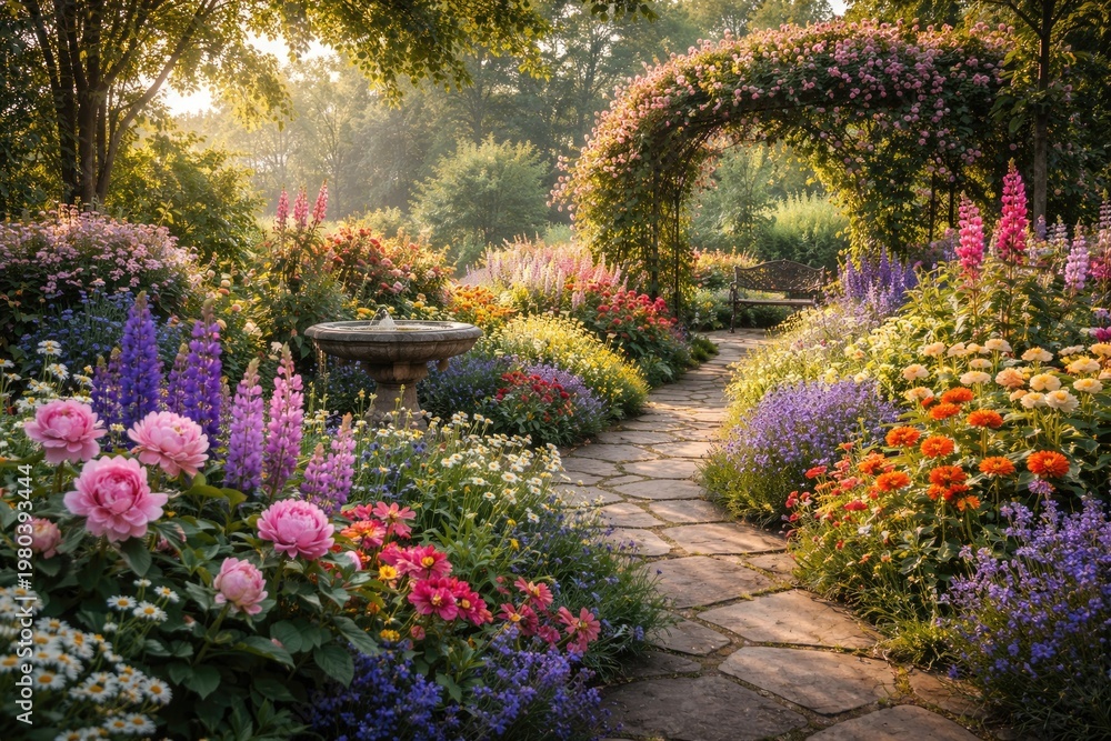 Fototapeta premium Serene garden scene with vibrant flowers blooming abundantly