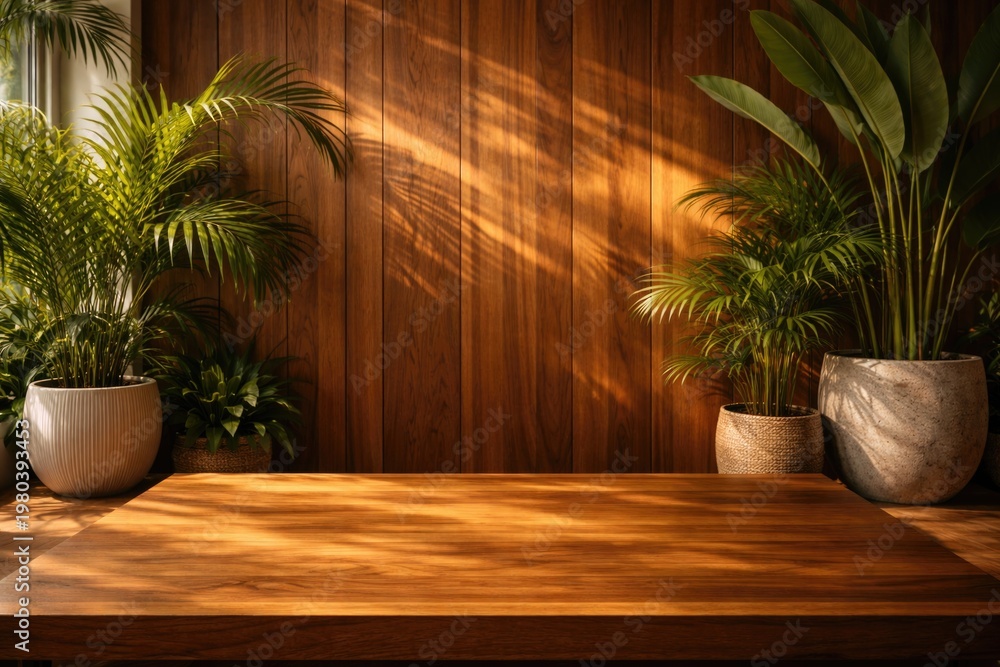 Fototapeta premium Empty fine wooden table with tropical palm plants in stylish pots as product display backdrop with sunlight on teak wood wall panel