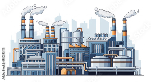 Industrial Factory With Smoke Stacks And Pipes.