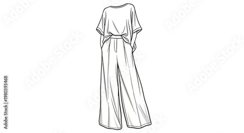 Hand-drawn minimalist sketch of a contemporary women's casual outfit, featuring a loose-fitting top and wide-leg pants, ideal for fashion design and apparel illustration concepts