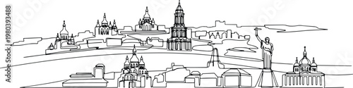 Continuous single line drawing of Kyiv skyline, Ukraine capital city landmark outline