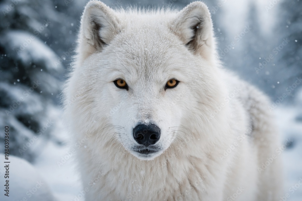 Obraz premium Closeup of Arctic wolf making eye contact in snowy winter landscape