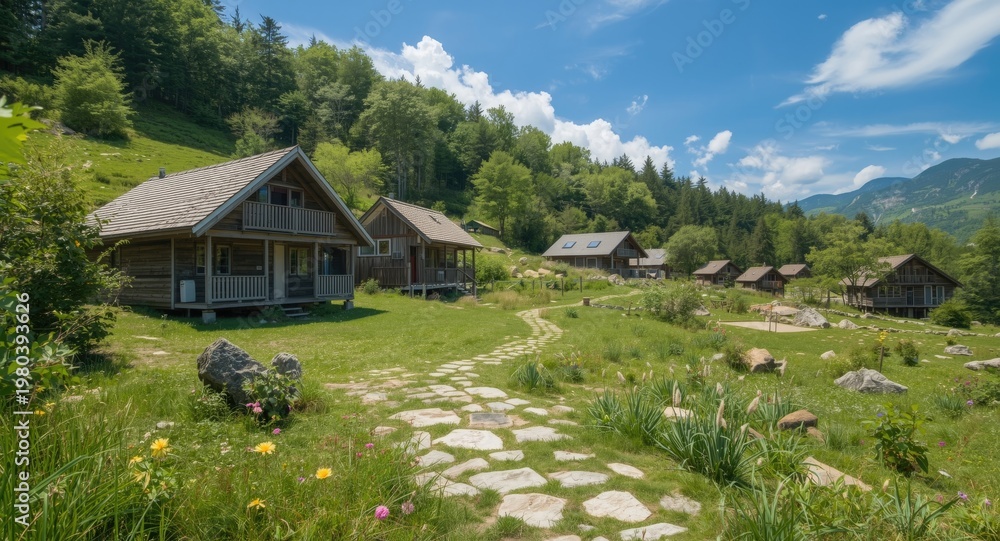 Fototapeta premium Summer landscape featuring ecological village with wooden homes and stone walkways