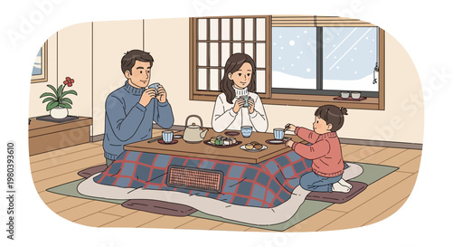 Japanese Family Playing Cards by Kotatsu Table During Snowy Winter Day