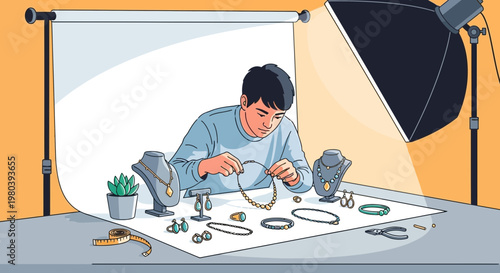 Jewelry Maker Arranging Necklaces and Earrings for Photography in Studio