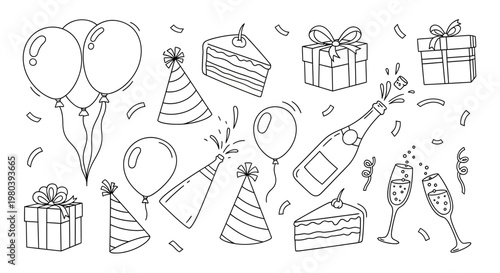 Hand-drawn Celebration and Party Essentials Collection with Balloons, Cake, Gifts, Champagne Bottle, and Confetti Doodles