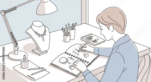 Jewelry Designer Sketching Ideas in Studio with Necklace Display