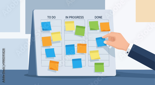 Kanban Board with Sticky Notes: To Do, In Progress, Done Tasks. Project Management Concept