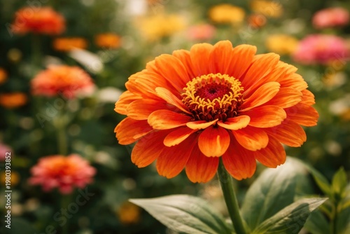Close up of a vibrant orange flower with a blurred natural garden floral backdrop