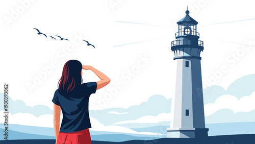 Young woman standing on a coast and looking out towards a tall lighthouse beacon under a clear sky with birds flying in the distance.