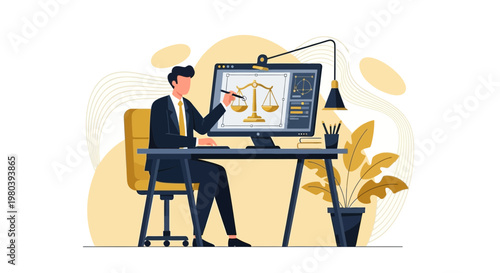 Lawyer working on computer with scales of justice graphic, digital design, legal concept