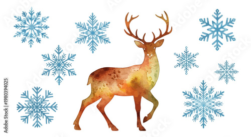 Majestic Deer Silhouette Surrounded by Sparkling Snowflakes in Watercolor Style
