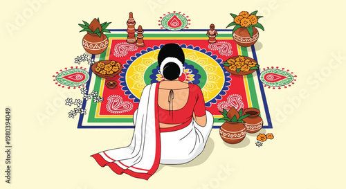 A traditional Indian woman in a white and red saree sits on a vibrant patterned mat, performing a religious ritual with various puja items and offerings.